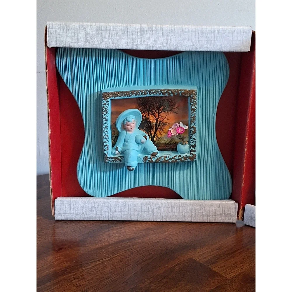Vintage Open-Book Plaques Aqua Blue Mid Century Modern Oriental Pair 3D Wall Art